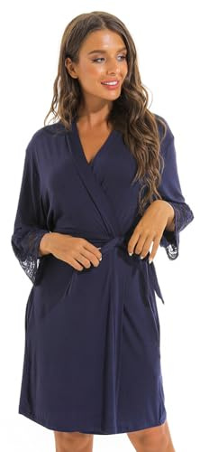 chenyesun Bademantel Damen Kurz Kimono Baumwolle Morgenmantel mit Taschen | Damen Bademantel Leichter 3/4 Ärmeln Morgenmantel V-Ausschnitt Kimono Nachtwäsche Weich Robe Ideal für Spa & Zuhause