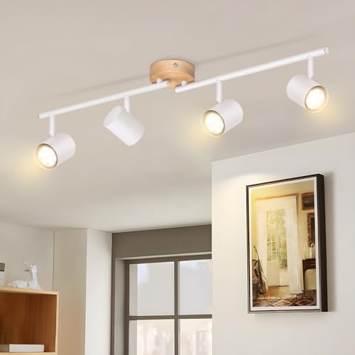 Deboola Deckenstrahler 4 Flammig Deckenlampe Wohnzimmer - Holz 71CM Strahler GU10 Deckenleuchte Deckenspot Küchenlampe 350° Schwenkbar groß Weiß Spot für Küche Schlafzimmer Büro -Ohne Leuchtmittel