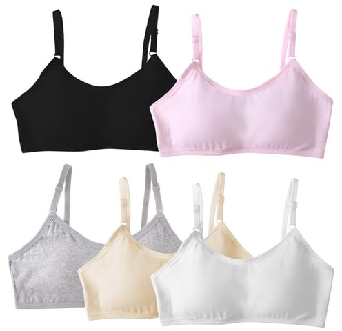 Anseom 5 Pack Sports Bra for Girls, Cotton Training Bras for Teens, Soft Full Cup Underwear with Fixed Bust Pad and Adjustable Strap, Seamless Crop Top for Girls Teens 10-16 Years Old
