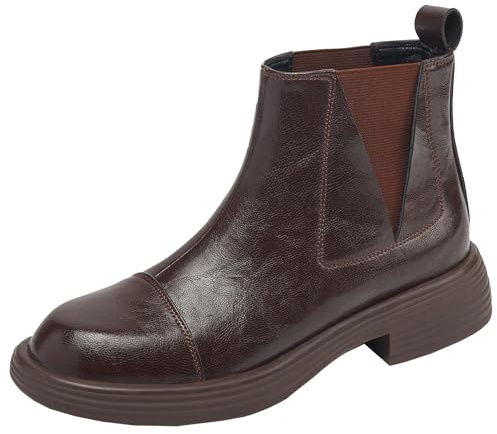 BULVJ Dam höst/vinter Chelsea stövletter, rund spets, ankelstövlar av äkta kohud med Slip On, BRUN, 39 EU