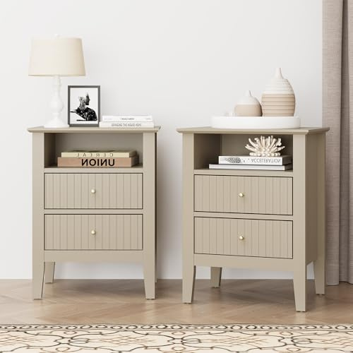 SUNVIVI Fluted Bedside Tables Set of 2, Tall Wooden Side Tables with 2 Drawers and Storage, Modern End Tables for Bedroom, Living Room and Small Spaces, Beige