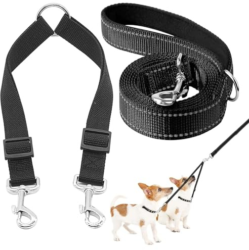 Correa doble para 2 perros para 2 perros, sin enredos, rotación de 360°, 120 x 2,0 cm, ancho 2,5 cm, longitud 34 – 70 cm, color negro