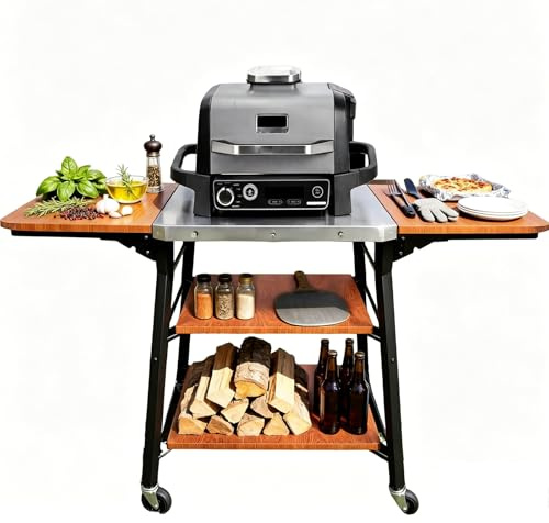 GFTIME Grillvagn med bänkskiva i rostfritt stål, BBQ vagn med 2 hopfällbara sidohyllor och 2 hyllor, mobil utomhus köksvagn med hjul för grill, pizzaugn och trädgård