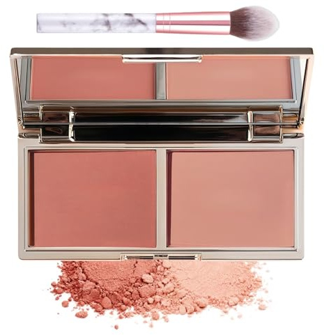 2 Colors Blush Palette with Brush,Powder Blush for Cheeks Make Up,Lightweight Pressed Powder Makeup with Brush and Mirror,Blendable Blush Powder for Natural Glow,Makeup Palette for Everyday Use