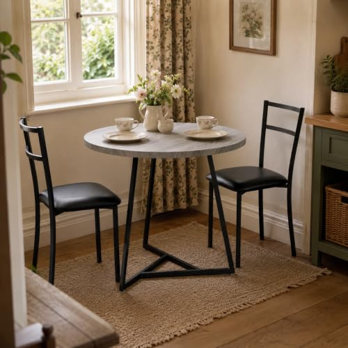 GarveeMore 3 Piece Dining Table Set for 2, Round Kitchen Table and 2 Upholstered Chairs, Space Saving Bistro Set for Small Space, Studio Flat, Apartment, Home Office, Modern Grey Finish