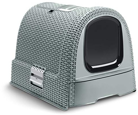 Curver petlife Katzentoilette mit Deckel, Katzenklo inklusive Schaufel, moderne Rattangeflecht-Optik, grau-blau, 51,5 x 38,5 x 40 cm