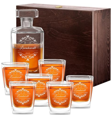 Maverton Whiskey Karaffe + 6er Whiskygläser Set mit Gravur - 700ml Whisky Dekanter -Weihnachtsgeschenke - Geschenk zum Hochzeitstag für Paar - Monogramm