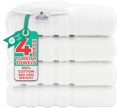 American Soft Linen, 4 Piece Bath Towel Set, 100% Turkish Cotton 27 in 54 in Bath Towels for Bathroom, Soft Absorbent Bath Towels Extra Large, Hotel Quality Quick Dry Shower Towels, Bright White
