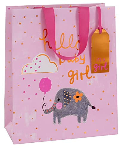 Glick Lyxig presentväska, stor presentväska, present för firande, papperssallad babyflicka presentväska, presentpåse, 260 x 315 x 135 mm, rosa