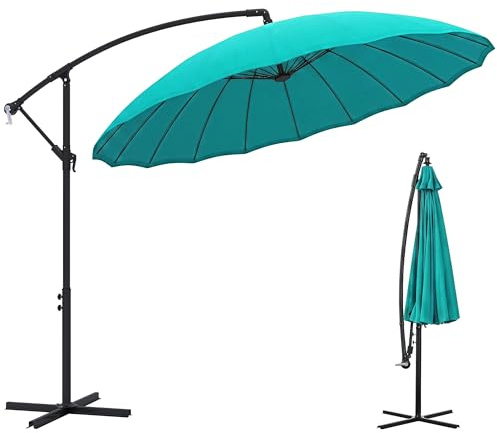 Outsunny 3(m) Cantilever Shanghai Parasol Garden Hanging Banana Sun Umbrella with Crank Handle, 18 Sturdy Ribs and Cross Base, Turquoise