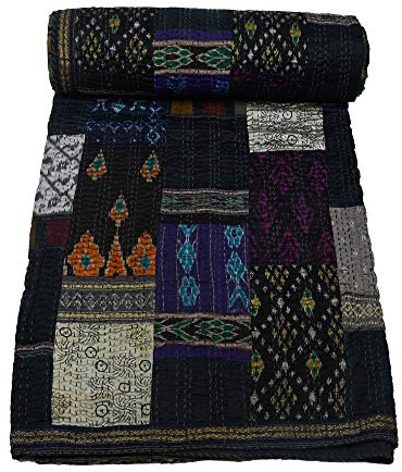Marubhumi Indian Handmade Quilt Indian Silk Sari Kantha Quilted Patchwork (Black, Twin (60x 90))