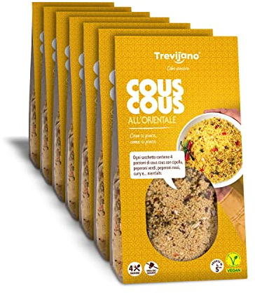 Trevijano Cous Cous Oriental: 7 sacs de 300 g chacune. Sans additifs ni conservateurs, uniquement des ingrédients végétaux déshydratés: cous cous, oignon, poivron vert, poivron rouge, curry