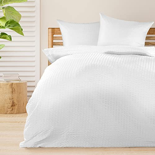 Beautissu Set di 4 Biancheria da letto Seersucker 135x200 cm Meline - Copripiumino con cerniera per l'estate - Federa e copripiumino traspirante e delicato sulla pelle - bianco