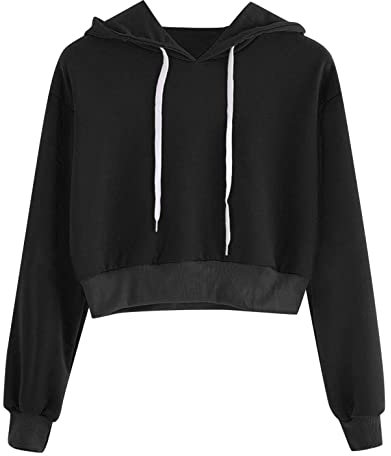 BAIGEE Huvtröja långärmad kort sweatshirt crop toppar huvtröja magfri tröja huvtröja med huva tonåring flickor tryck sport huvtröja toppar, Black 2, S