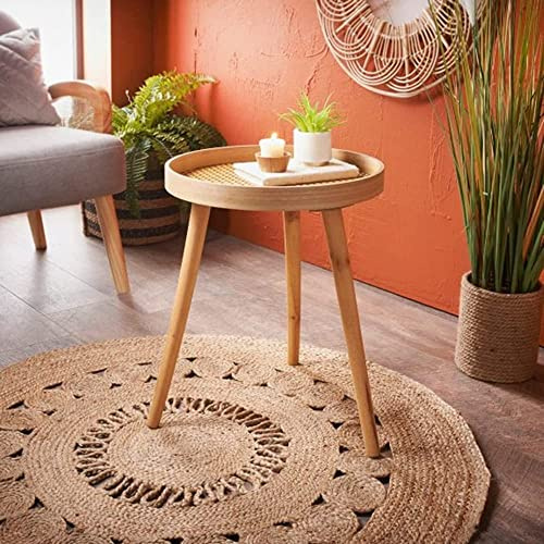 GBS Brothers Round Bamboo Rattan Side Table Outdoor & Indoor - Boho Small Round Side Table with Woven Rattan Tray Top, Natural Bamboo Legs - Living Room Table (40x40x48 cm)
