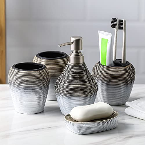 awagas 5 Stück Europäische Stil Keramik Bad Set Badset Badezimmer Zubehör Set mit Seifenspender Zahnbürstenhalter Becher Seifenschale Streifen für Retro Stilvolles Badezimmer Deko Grau Gebürstet