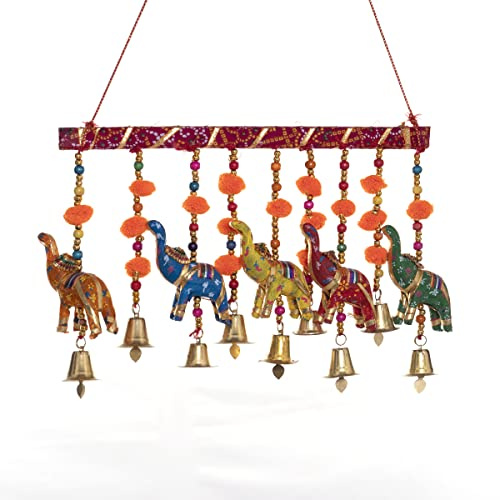 Tarini Gallery Colorful Windchimes Jhoomar Elephant Pompom Door Decorative Hangings Latkan Traditional Handcrafted Décor for Home Offices Hotel and Gifting