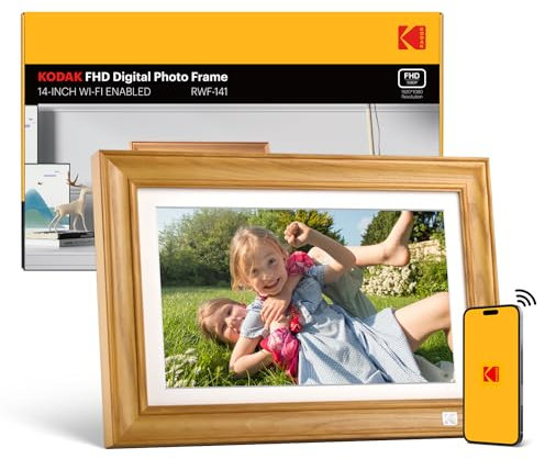 KODAK 14.1 Inch FHD Digital Picture Frame, 1920x1080 G+G IPS Digital Photo Frame with 32GB Large Storage, Quad-Core CPU, Premium Solid Wood Frame, Easy Photo Transfer via WiFi APP/Email/USB/SD Card