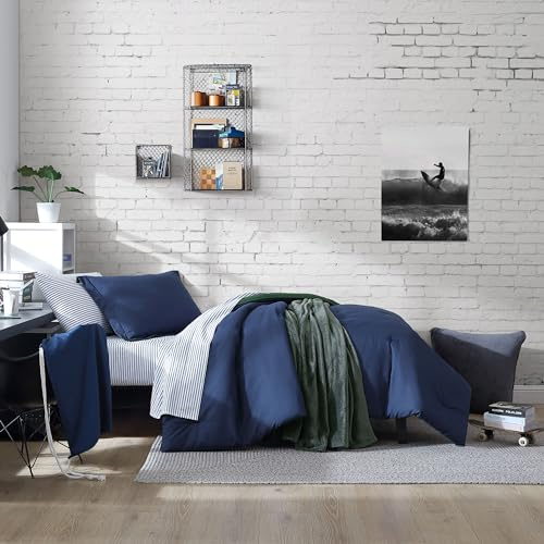Nautica Juego de edredón Reversible Casual, Incluye Fundas de Almohada, sábana Bajera, Funda de Almohada y Bolsa de lavandería, poliéster, Azul Marino sólido, Individual/Individual XL