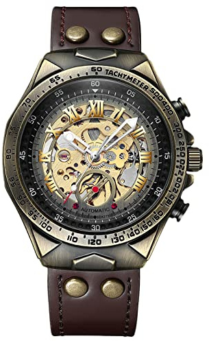rorios Herren Automatische mechanische Uhr Leuchtend Armbanduhr Wasserdicht Weinlese Steampunk Uhren mit Lederarmband Skelet Zifferblatt Männer Uhr Braun Schwarz