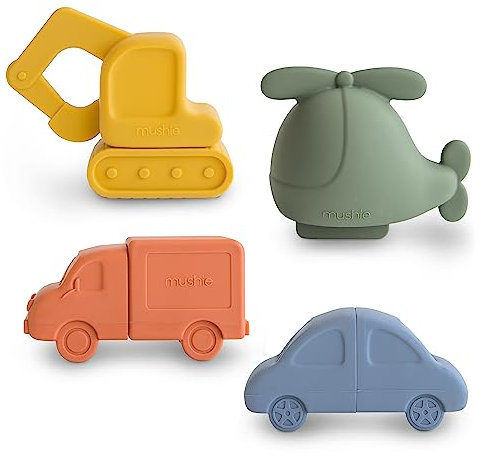 Mushie Badewannenspielzeug für Baby und Kinder aus Silikon | 4er-Pack Fahrzeuge Vehicles Badespielzeug Planschbecken Wasser Spielzeug für Badewanne Badespass | Hubschrauber, Auto, Lastwagen & Bagger