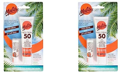 Malibu Sun Duo Pack, SPF 50 Face Cream Sunscreen and SPF 30 Lip Balm Protection, Water Resistant, 2 Piece, 40ml and 5g (Pack of 2)