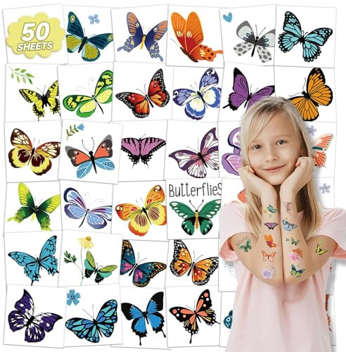 50 Blätter Einzeln Gewickelt Schmetterling Tattoos für Kinder Mädchen, Schmetterling Geburtstag Dekorationen Temporäre Tattoos für Kinder, Schmetterling Party Favors liefert Dekorationen