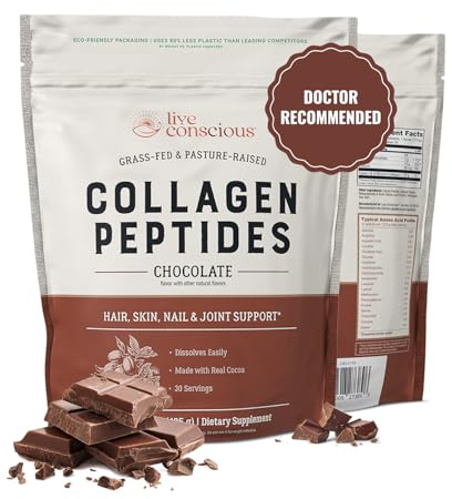 Live Conscious Collagen Peptides Powder - Chocolate Collagen Powder - Hair, Skin, Nail, and Joint Support - Type I & III Grass-Fed Collagen Supplements for Women and Men - 30 Servings - 15oz