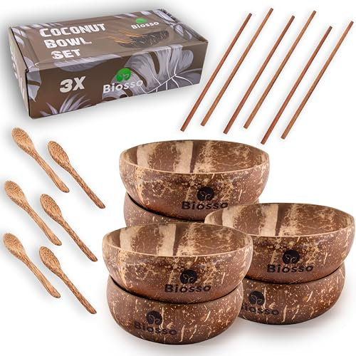 Biosso Cuencos de coco – Producto 100% natural, juego de 6 con cucharas y palillos, cuenco de madera para batidos, cuencos de coco, ensaladera, alternativa sin plástico, hecho a mano