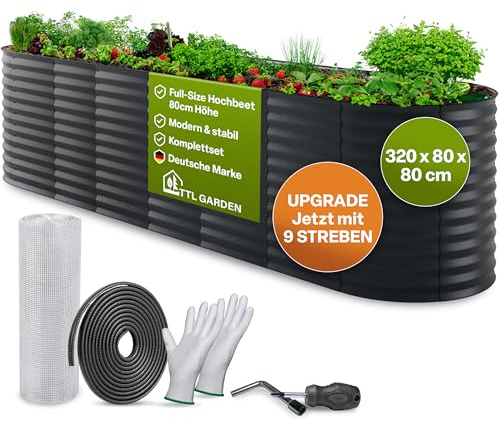 TTL GARDEN 320x80x80cm Elegance XL Metall Hochbeet Anthrazit Stahl verzinkt | - Rostfrei verzinkt & grau lackiert Wellblech ovale Form stabil Garten Beet für Gemüse Kräuter Blumen Gartenbeet Gemüsebeet
