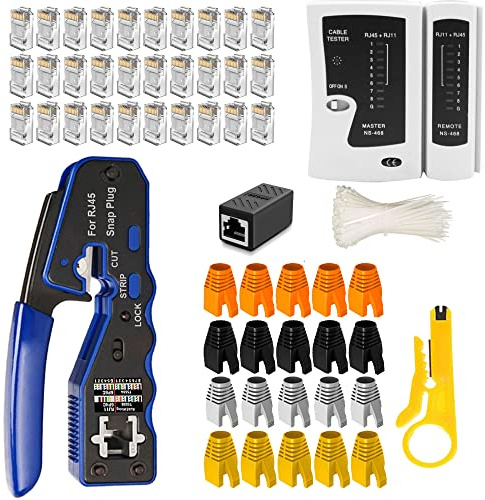 MAYLINE RJ11 RJ45 Cat5 Cat6 - Comprobador de cables de red Herramientas de reparación de pelacables, crimpado del conector coaxial, pelacables Cat6e (azul)