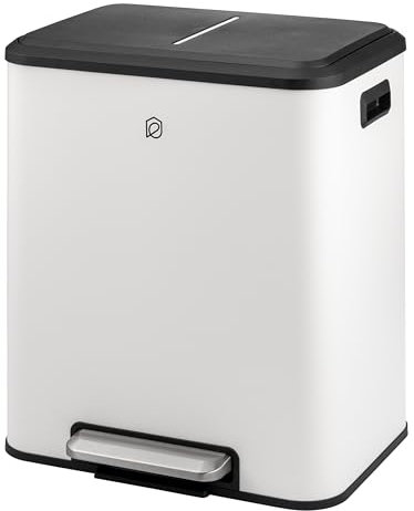 eluno Cubo de basura, 2 compartimentos con 15 litros de capacidad, cubos interiores extraíbles de plástico, asas laterales, pedal grande, sistema de separación de basura (blanco)