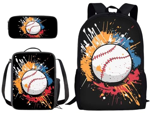 Xoenoiee Colored Paint Splatter Baseball Pattern School Backpack 3 Pieces Set for Boys Girls with Lunch Box Pencil Bag Primary/Middle School Bag Teenager Bookbags