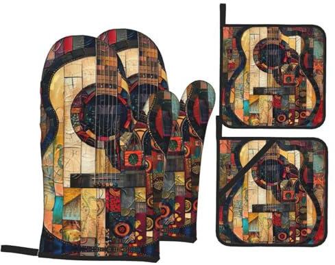 4 Pezzi Set Di Presine Da Cucina Art Guitar Pattern Print Guanti Da Forno Divertenti Cucina Guanti Morbida Guanti Da Cucina Per Campeggio, Grill, Cucina
