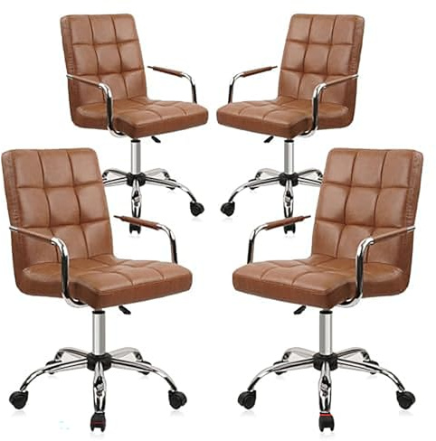 CLATINA Leder Bürosessel bis 160kg Belastbarkeit Ergonomischer 360° Drehbarer und Höhenverstellbarer Chefstuhl mit Mittlerer Armlehne für Arbeitszimmer Büro und Empfangsbereich Braun 4er Set