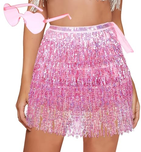 Moiuguli Jupe à Paillette pour Femme, Costume de Danse du Ventre Mini Jupes à Franges, Scintillante Jupe Danse Élastique Taille Haute pour Festival Carnaval Soirée Rave