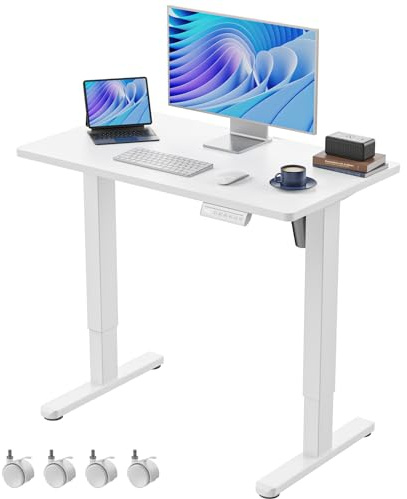 HUANUO Electric Small Standing Desk, 35 x 20 Whole Piece Desktop, Adjustable Height Computer Desk, 4 Height Memory Settings, Sit Stand Up Desk for Home Office, White