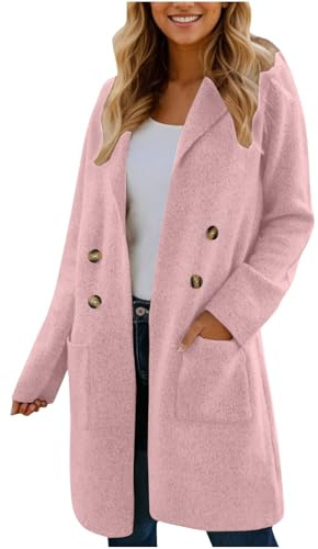 Guhmomh Winterjacke Damen Warm Wintermantel Elegant Wollmantel Lange Fleecejacke Wolle Parka mit Taschen Winterparka Einfarbig Teddy Jacke Dufflecoat Flanellhemd Winddicht Mantel mit Knöpfen Rosa S