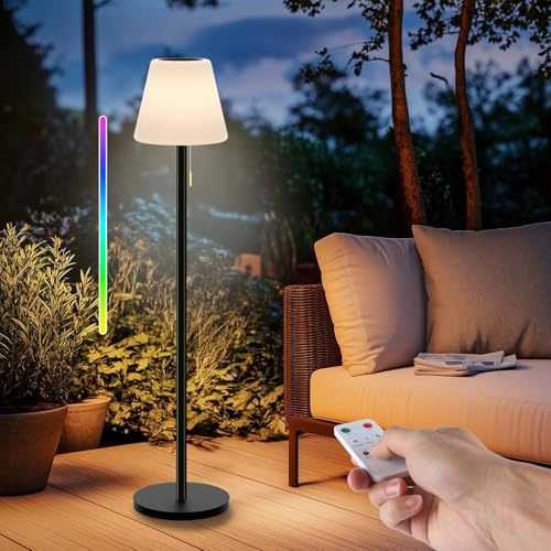 Outdoor Floor Lamp Solar Outdoor Lamps for Patio Waterproof Rechargeable Floor Lamp Cordless Dimmable Warm White+RGB LED Solar floor lamps Outdoor Battery Operated Patio Lamp with Light Sensor.