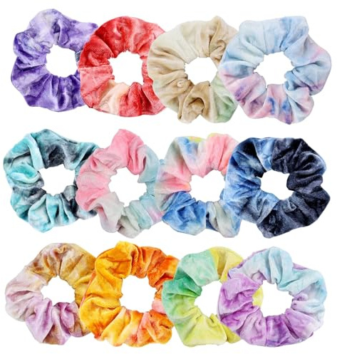 Scrunchies Sammet mjuka hårsnoddar för flickor, elastisk hårsnodd scrunchie 12 stycken hårband, hårsmycken för kvinnor och flickor (tie-dye)