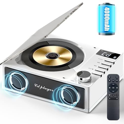 Desktop CD Player With 4000mAh Rechargeable Battery,Bluetooth CD Player Wtih Dual Speakers,Remote Control, LCD Display, Support OPT/USB/TF Card/AUX/3.5mm Headphone Jack for Car Or Home