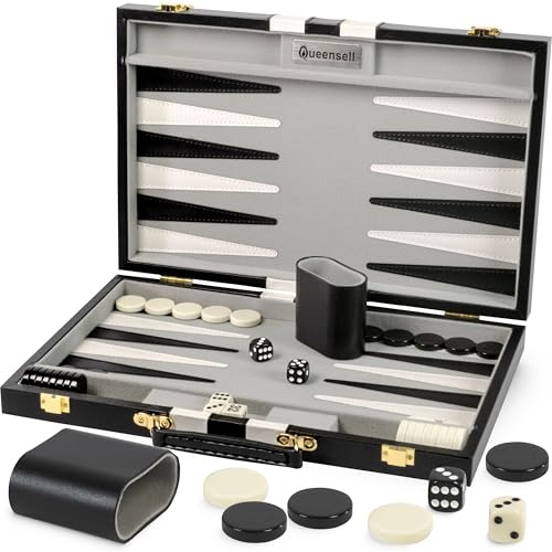 Sets de Backgammon pour Adultes – Jeu de Plateau en Cuir PU Noir de 15 Pouces – Jeu de Voyage Classique pour 2 Joueurs avec 32 Pièces, Dés et Gobelets