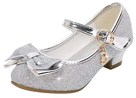 BOTCAM Flickor, glitter, prinsessa, klack, skor, sandaler, pumps, högklackade skor, paljetter, prinsesskor, barn, cosplay, fester, Mary Jane, bröllopsskor, balettskor, karneval, dansskor, Silver23, 33
