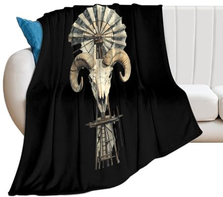 Vintage Windmill with Old Rams Skull Lightweight Throw Blanket for Bed Couch Sofa Soft Flannel Blankets Warm Plush Throws 50*60（130 * 150cm）