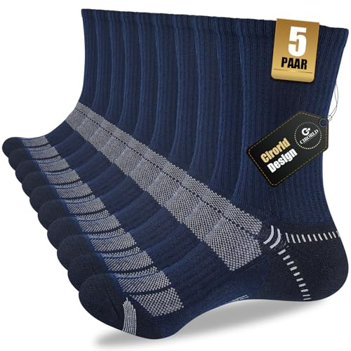 Cirorld Calzini da uomo 43-46 37-42, traspiranti, da trekking, imbottiti, sportivi, da tennis, da corsa, da trekking, da lavoro, 5 paia, Blu mare, 43-46