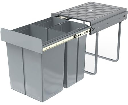 TANYEAR Einbaumülleimer Unterschrank Küche 2x10L+1X20L Mülltrennsystem, 2 Fächer Ausziehbarer Abfallsammler Mülleimer mit Teleskopschienen, Einbau Küchenmülleimer, Grau, 48x34x42cm