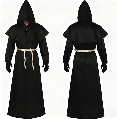TXVQ Costume da Monaco Uomo per Adulto, Costume Da Monaco Medievale Con Cappuccio Corda In Vita E Collana A Croce, Vestito Monaco Uomo Medievale Mantello Halloween Adulti Per Halloween Carnevale (L)