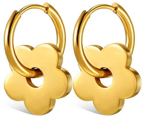 MUCKLILY Boucles d'Oreilles Fleur Femme, Créoles Dorées Pendantes | 1 Paire de Créoles à Fleur Élégantes, Boucles d'Oreilles Pendantes Dorées pour Femme, Quotidien, Fête et Cadeau