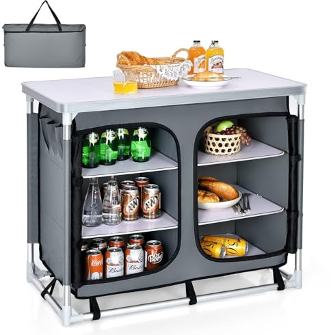 FANTASK Faltbarer Campingküche inkl. Tragetasche, Küchenbox Reiseküche mit 3-stöckigen Regalen, Campingschrank aus Aluminiumgestell für Picknick, Grillen, Partys