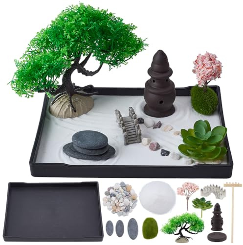 WEBEEDY Kit de jardín Zen para oficina, conjunto de mini bandeja de arena japonesa con bandeja de 21 x 15,7 cm, herramientas de rastrillo y quemador de incienso, ornamentos de puente, decoración de